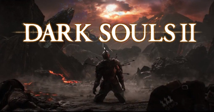 the title for dark soul ii, with a man walking through a cave
