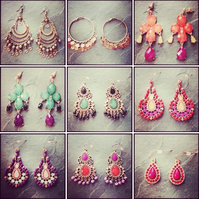 a set of nine pictures of various style and shape of earrings