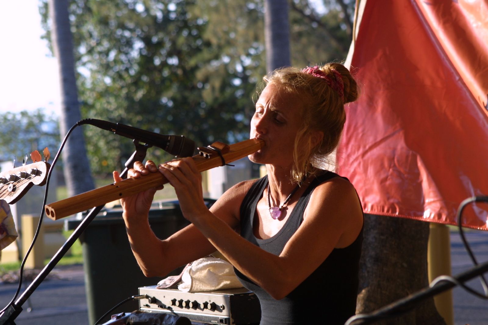 a woman playing the flute at an outdoor concert