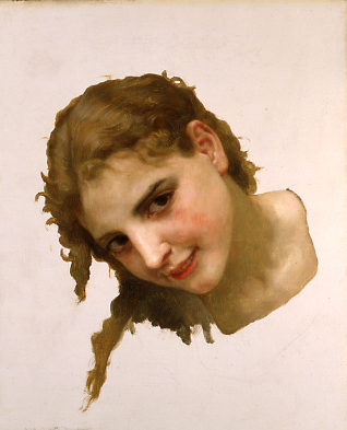 a close up of a painting of a young woman with short brown hair