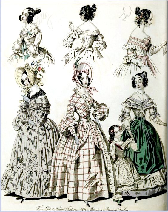 five ladies in dresses and bonnets, one in dress