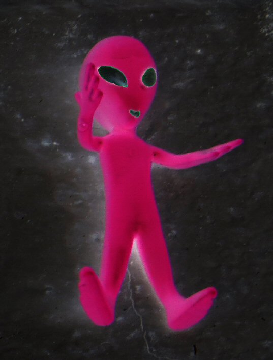 a neon pink alien walking in the darkness