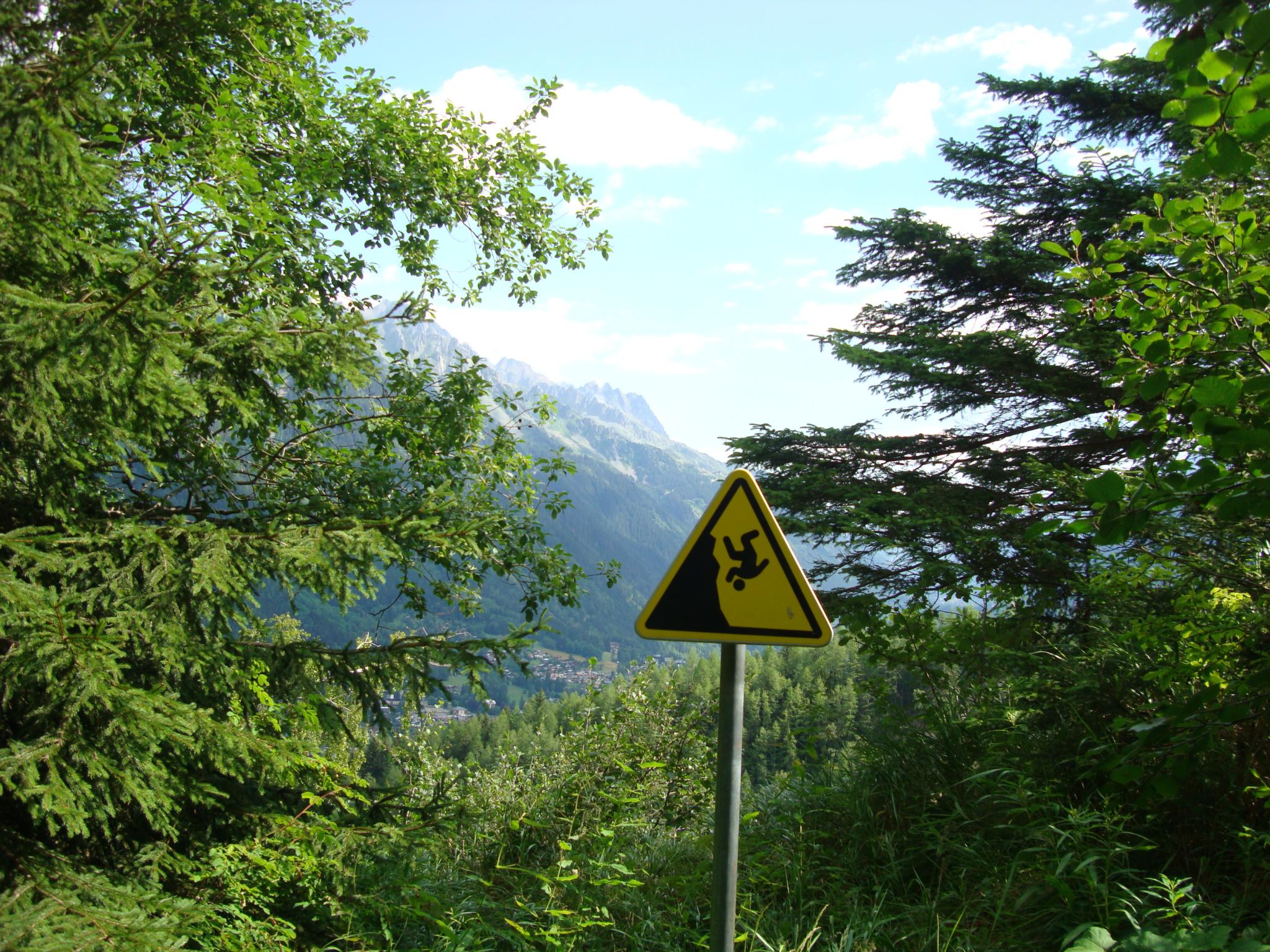 a triangular sign stands in front of a tree - lined hillside