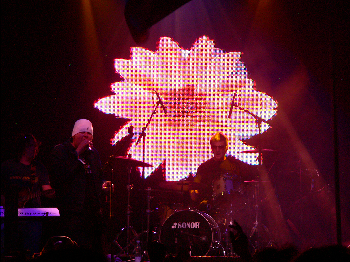 two men playing drums and a drumstick in front of flowers on a projection