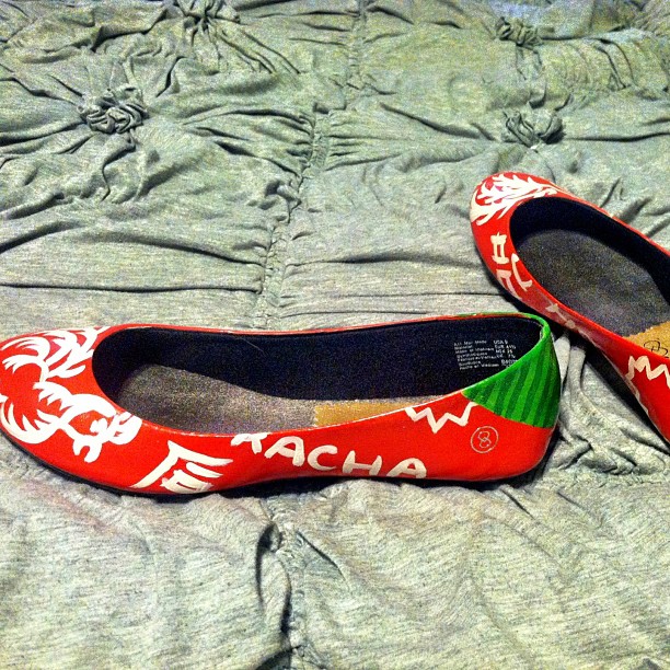 a pair of red shoes with red white and green embroidered logos on them