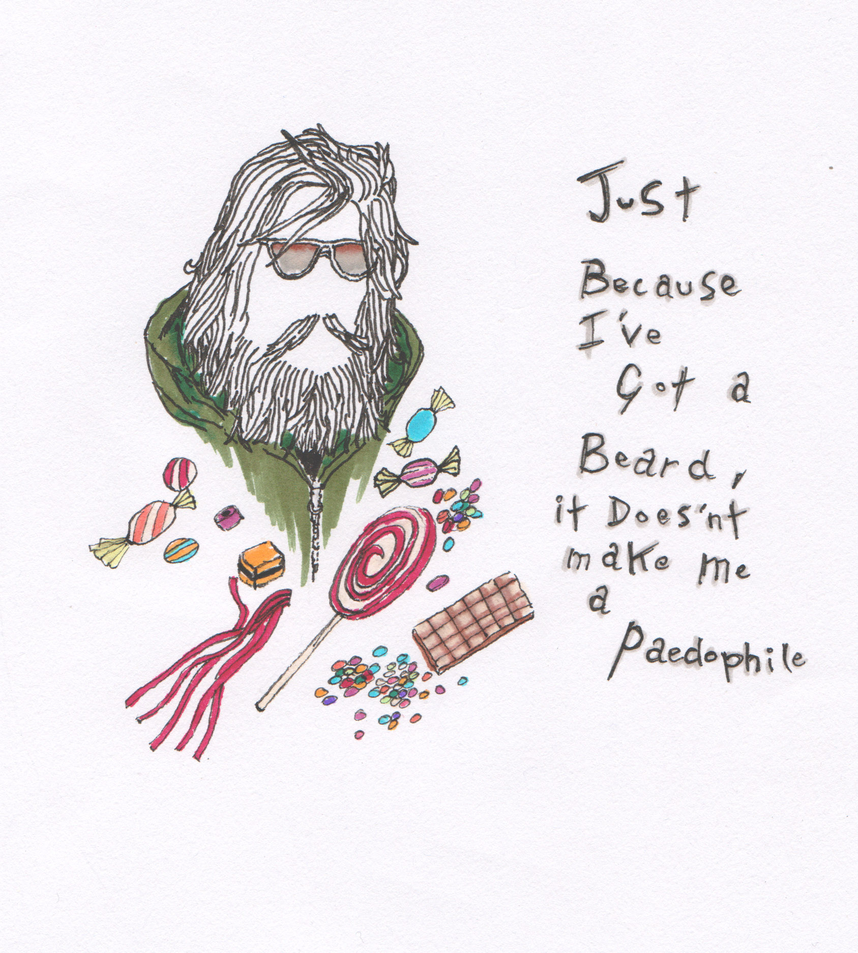 a drawing of a man with a beard is surrounded by candy