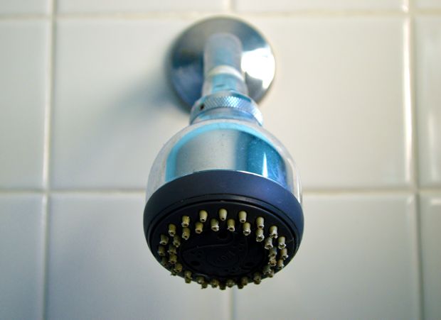 closeup of a shower head with round metal spools
