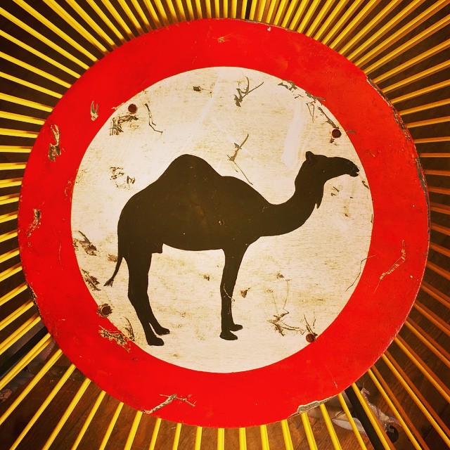 this is a po of a picture of a round sign with a camel silhouette