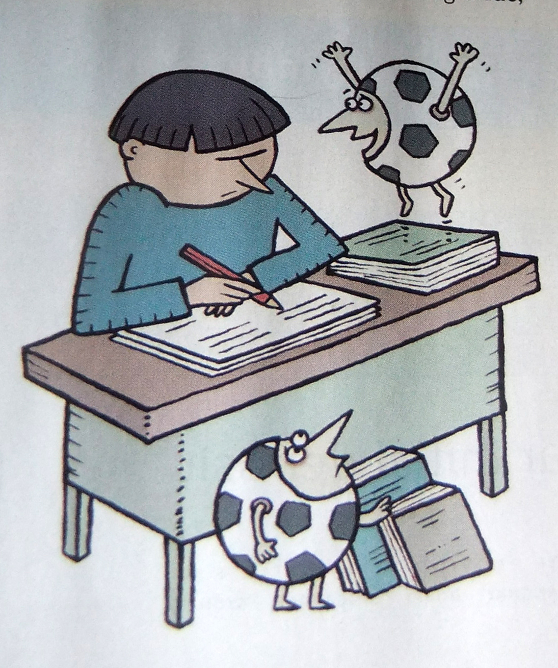 a boy writes in his school desk while an animal looks on