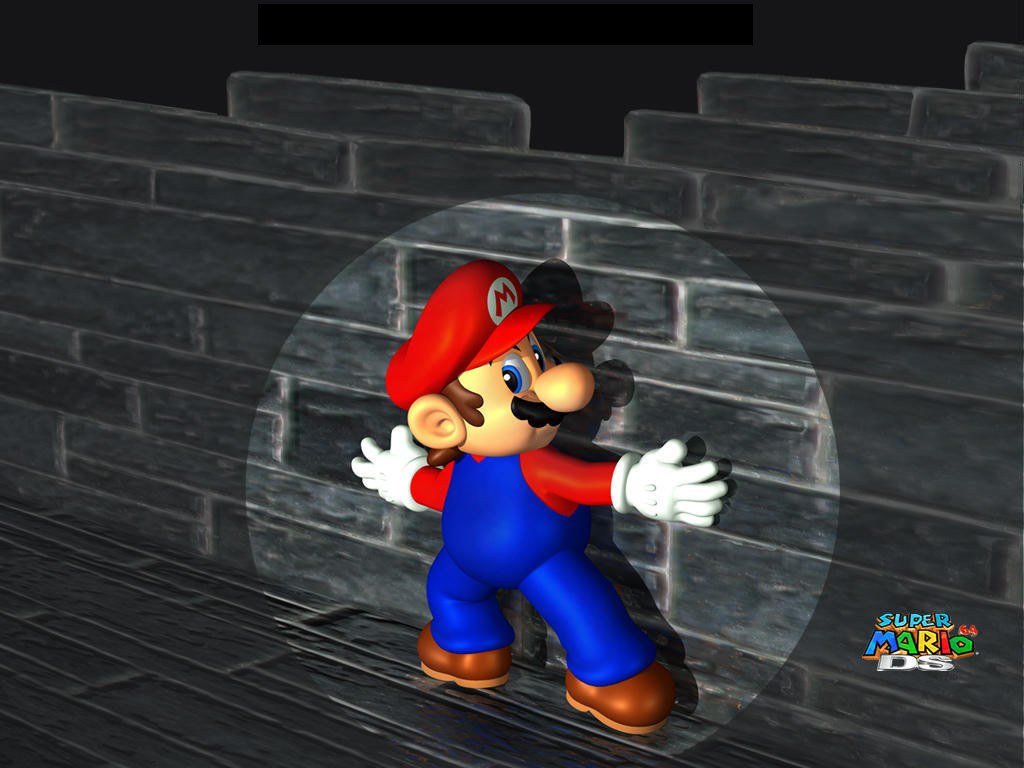 a cartoon mario in front of some brick wall