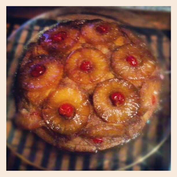 pineapple upside down dessert on a glass dish rack