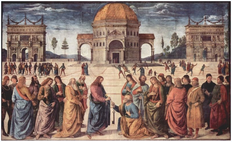 a renaissance painting depicting a gathering in front of a building