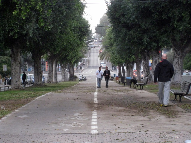 many people walk on the path as two people sit on a park bench