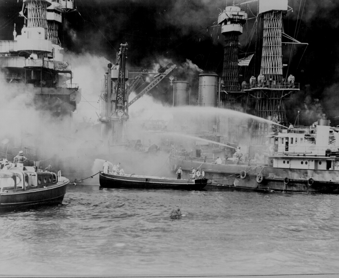 black and white po of a boat in the harbor with steam pouring out of it