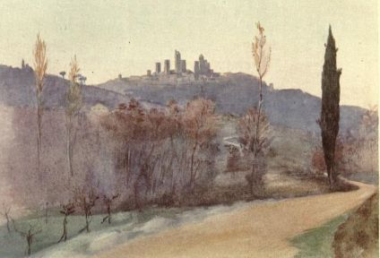 a painting of some trees and buildings on a hill