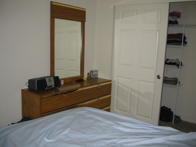 a room with a bed, dresser and a mirror