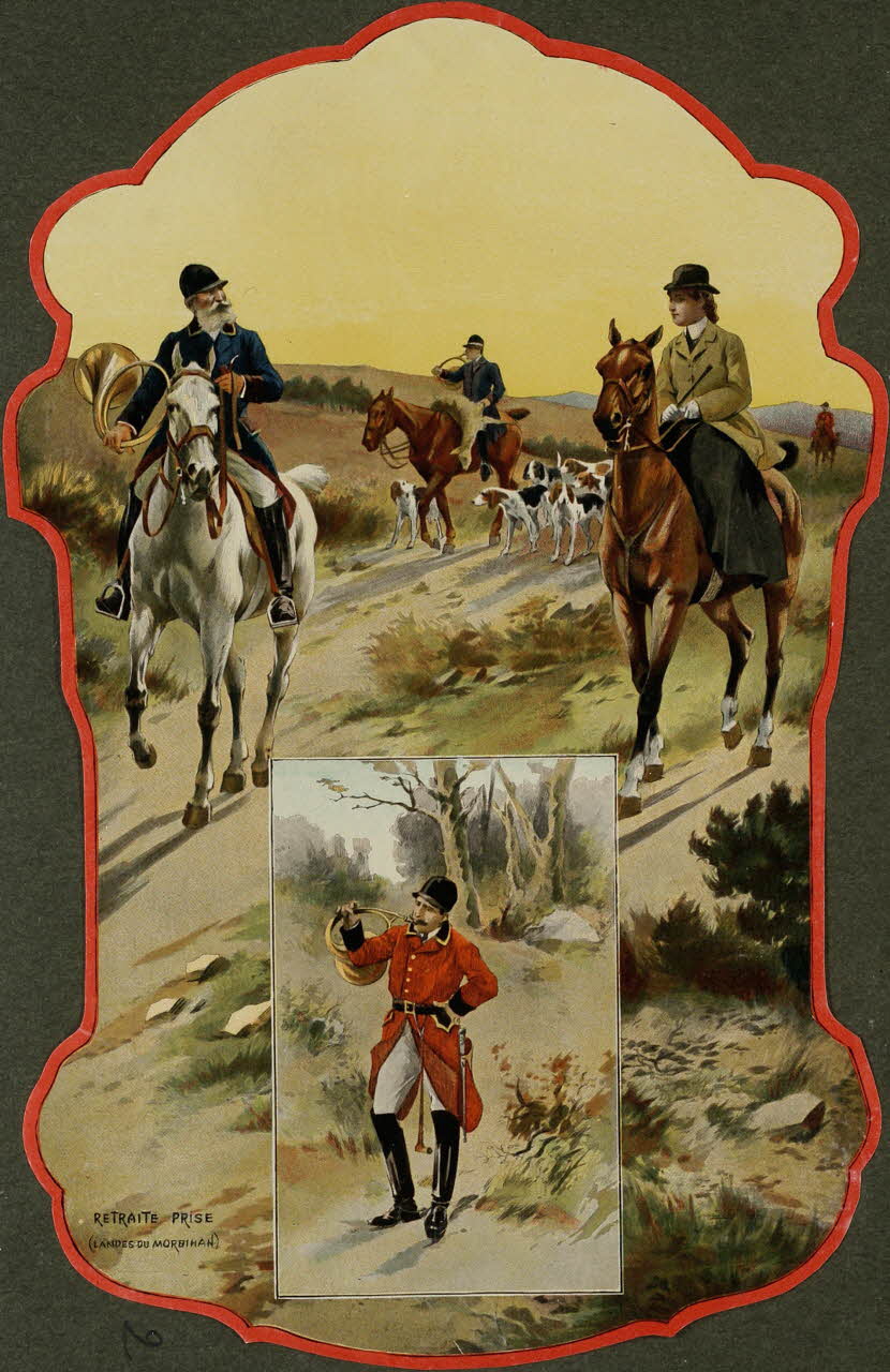 an illustration shows people on horseback riding down a road