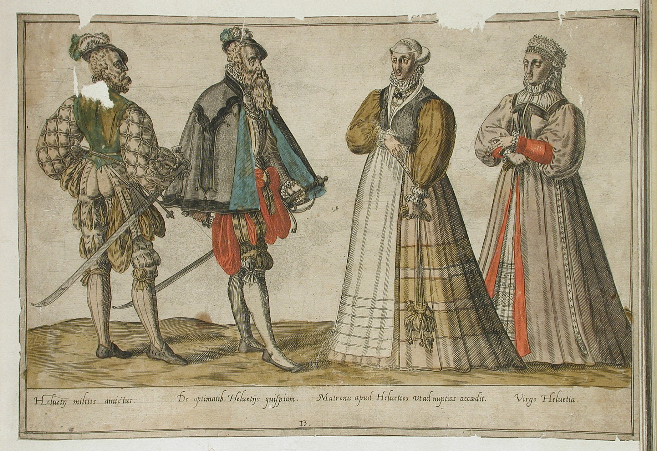 a colored drawing of some people dressed in historical clothing