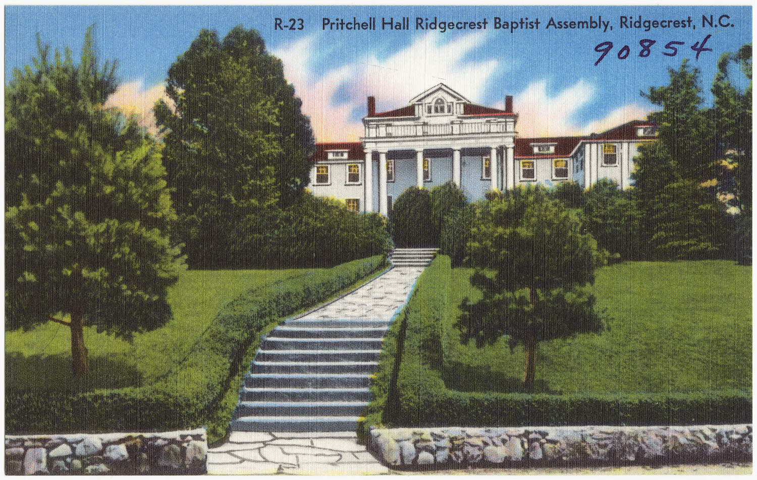 the old postcard features a painting of a long staircase leading to the building
