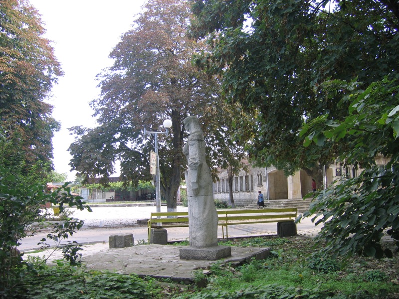 a bench is seen through the trees near a path