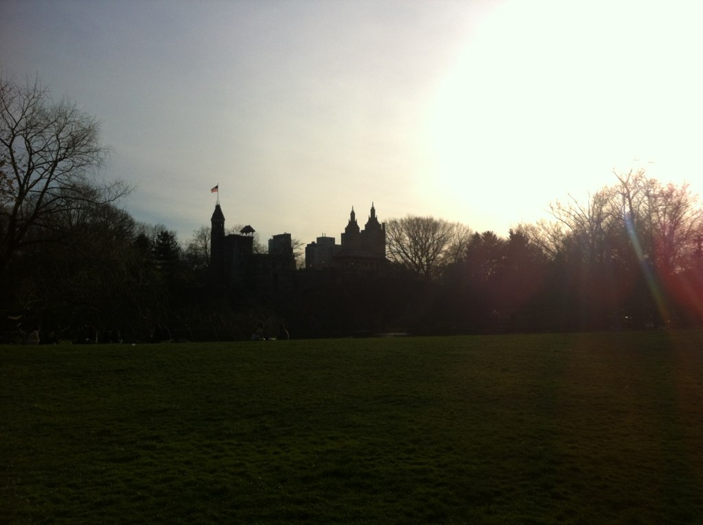 the sun shines on a grassy area with tall buildings