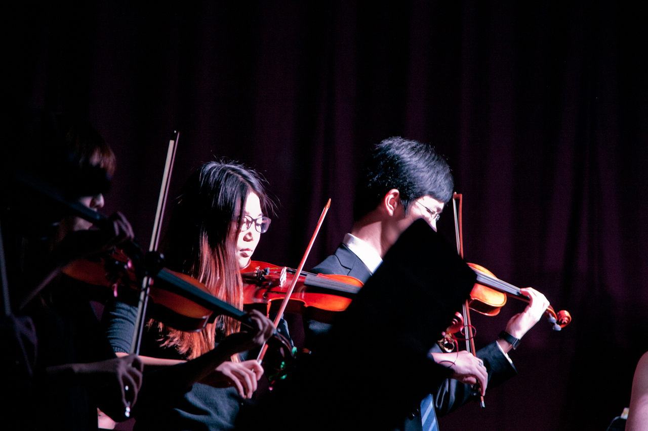 a violinist playing with other musicians behind her on stage