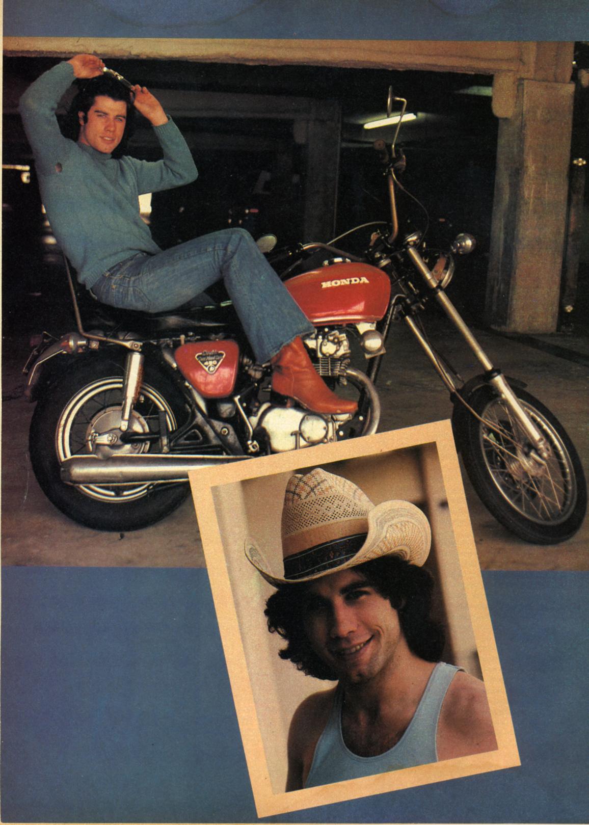 an advertit showing a man in jeans and a cowboy hat sitting on a motorcycle