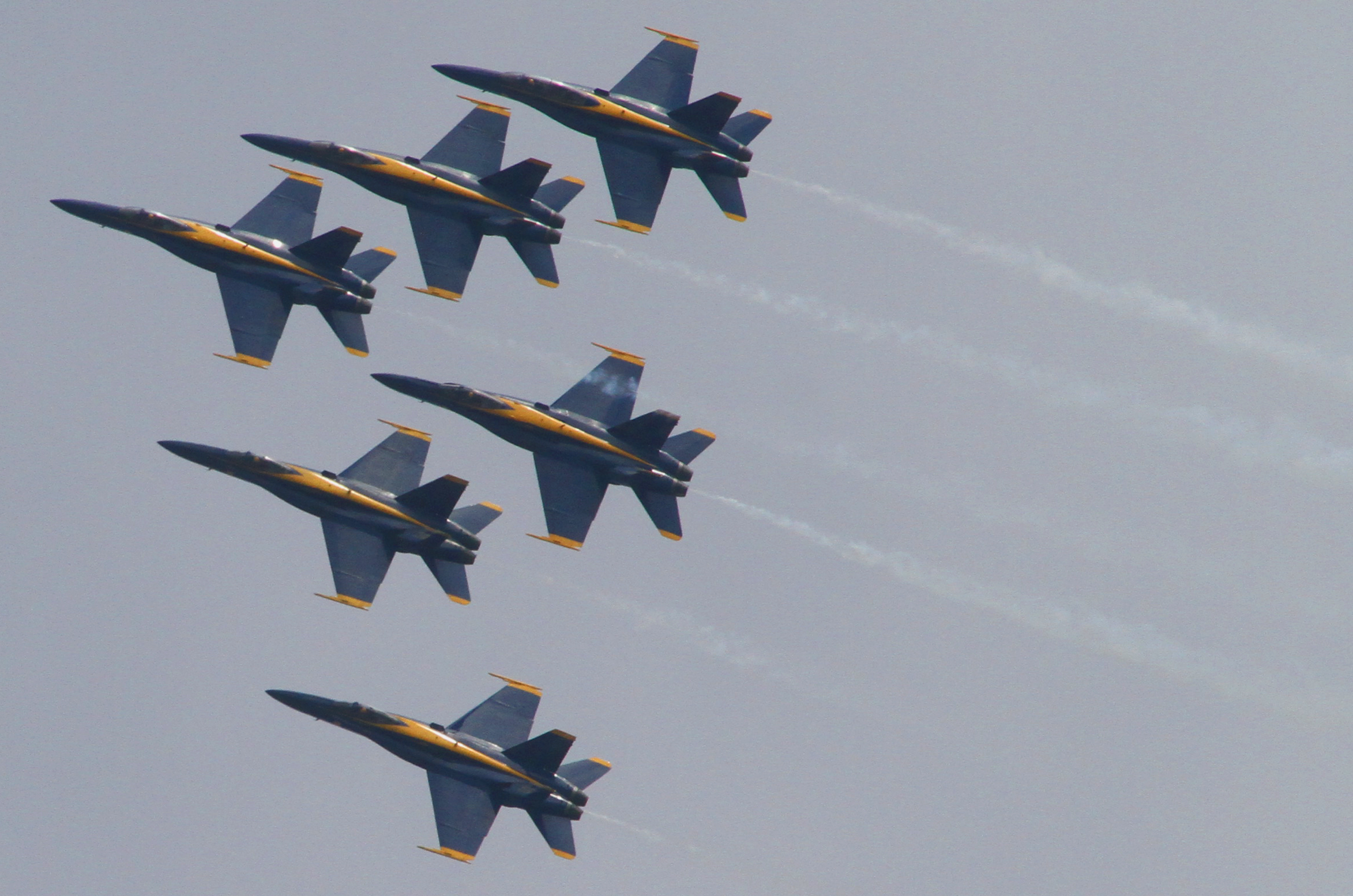 four blue and yellow jets flying together in the sky