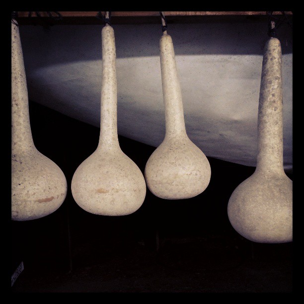 six white cement spoons hanging from hooks