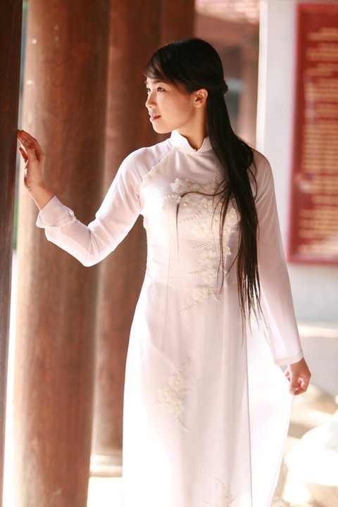 a young woman in traditional chinese clothing is standing by pillars