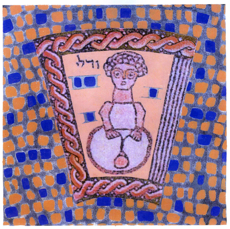 a painting of an old woman's seated figure on a geometric blue orange pattern