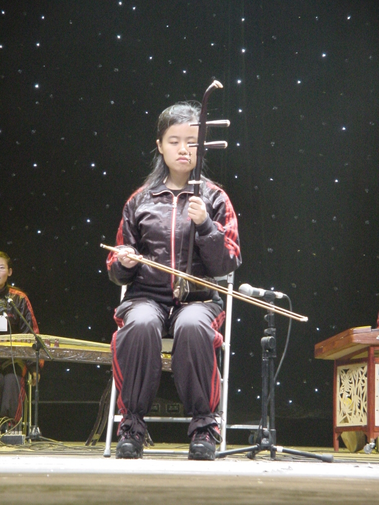 a female singer plays a violin in front of several instruments