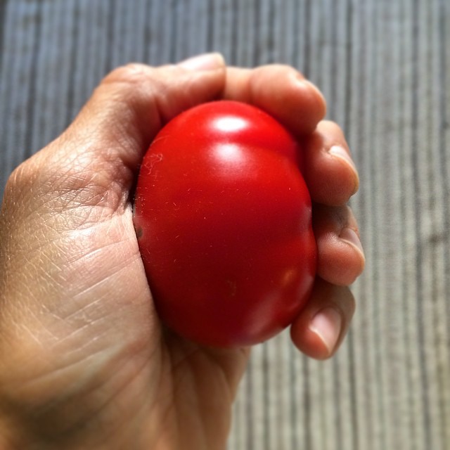 a small tomato being held up in someones hand