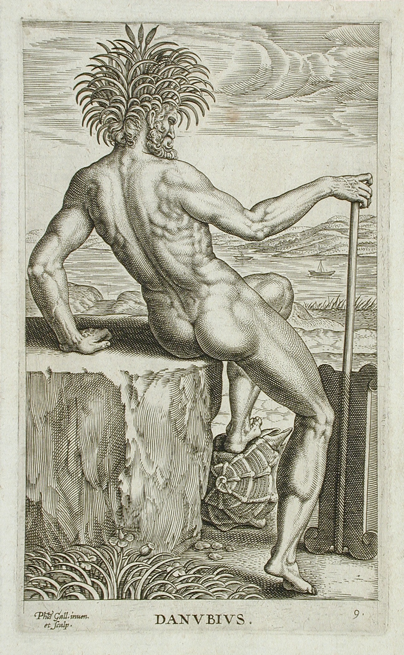 drawing of man on the sea shore and looking down