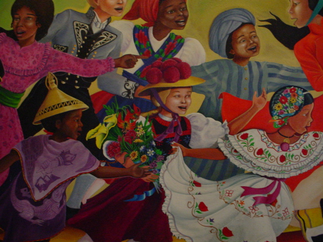 a painting with multiple children wearing colorful outfits