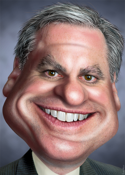 a cartoon caricature of a smiling man wearing a suit