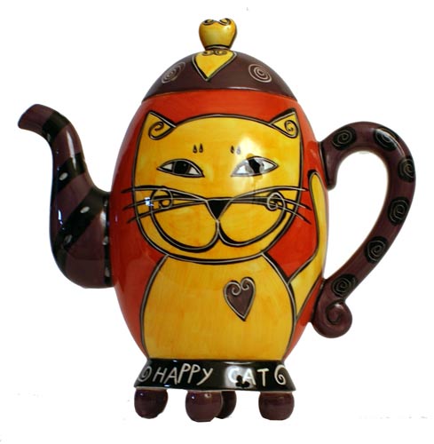 a ceramic cat is painted with black, gold and red accents