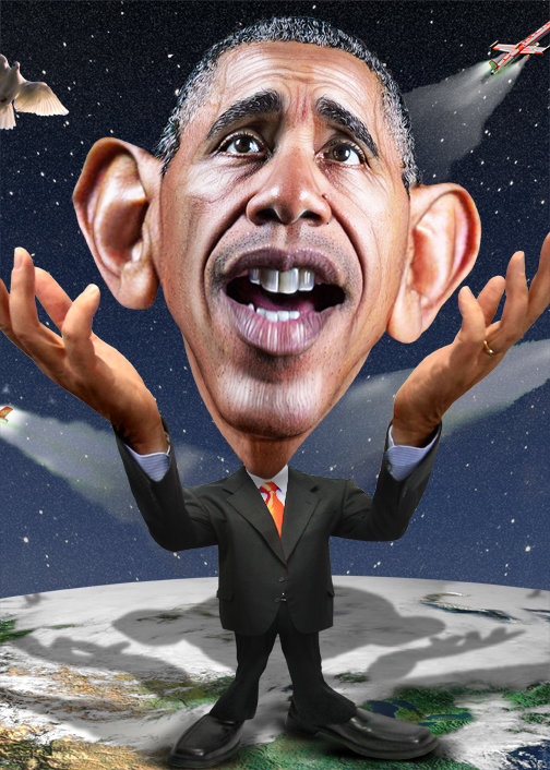 obama stands with his hands up while another person sits with his head turned and the earth appears in space
