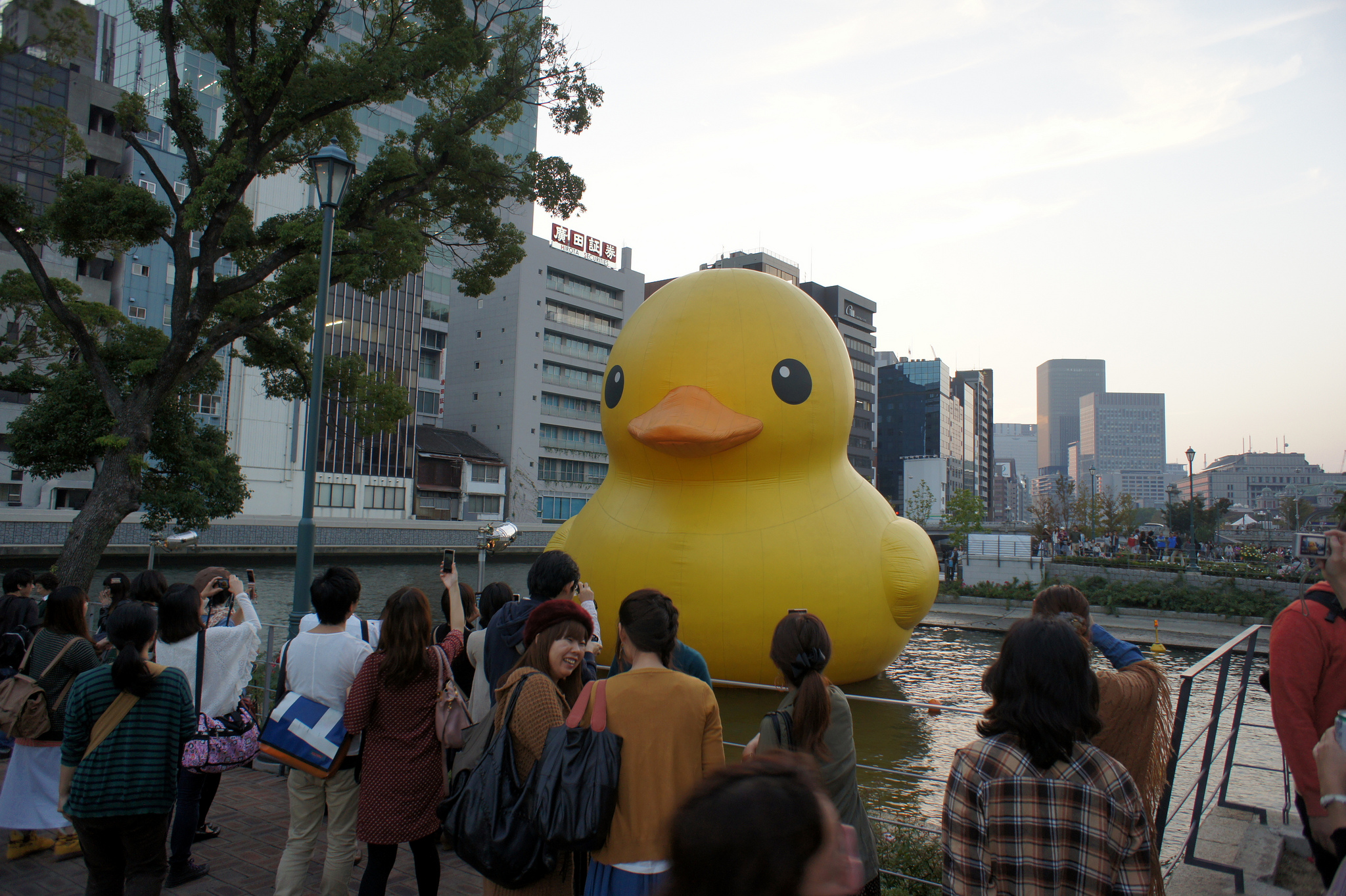 the huge rubber ducky inflatable has several people looking at it