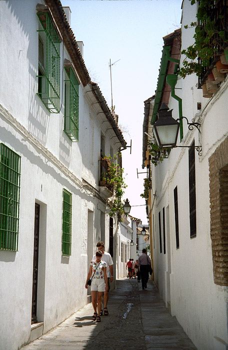 people walking down a narrow alley way in an older town