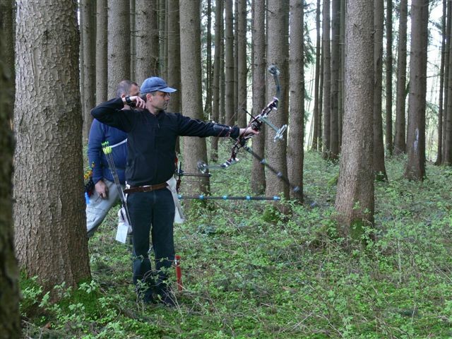 a man with a bow and arrow stands between two trees