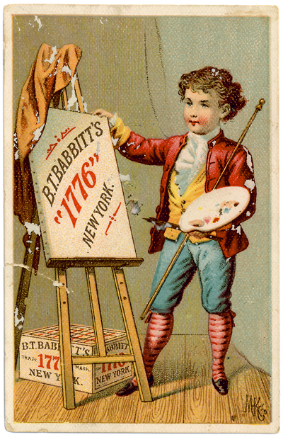 a small child holding an easel next to a sign