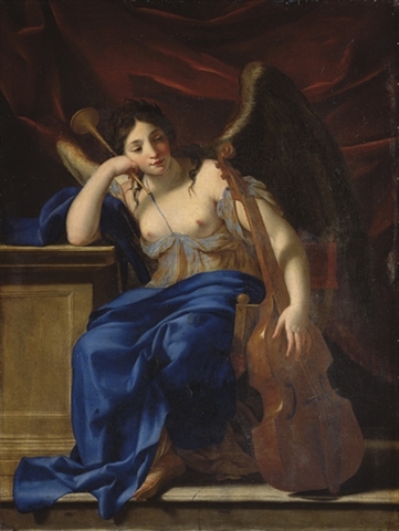 a painting of an angel sitting on the ground next to a harp