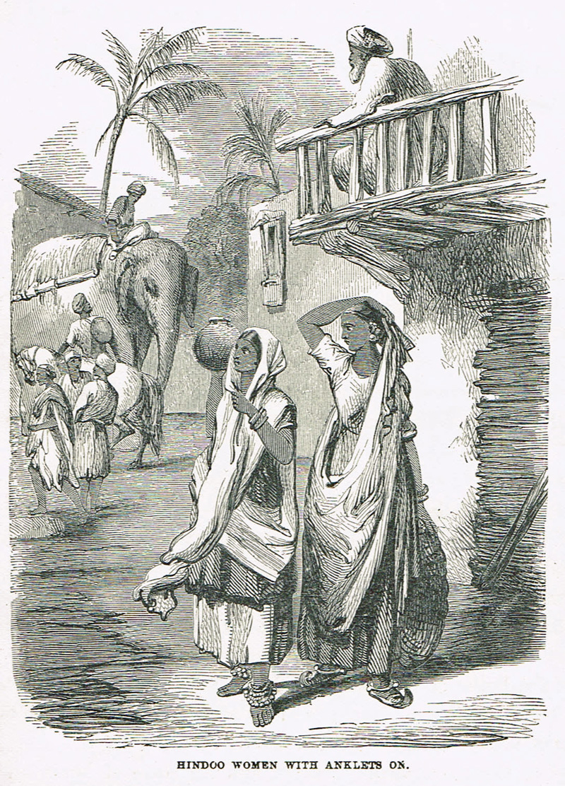 an old black and white drawing shows a couple of women standing near a wall with cows