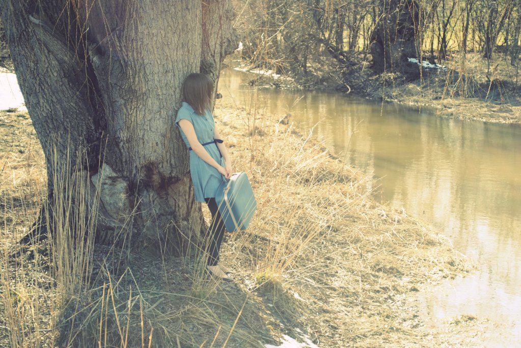 a girl sitting on a tree beside a lake