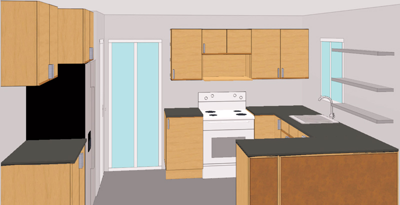 a model drawing of a kitchen with cabinets and appliances