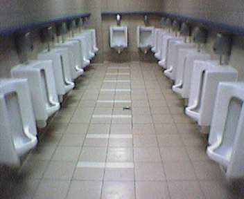 a row of white toilets in a tiled restroom