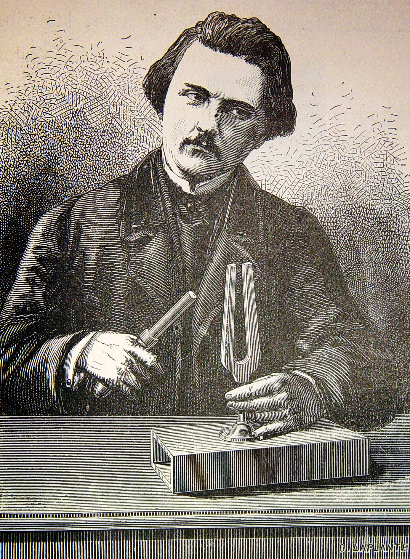 a drawing of a man standing next to a table