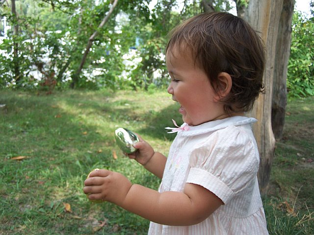 a small child with a white frisbee and grass