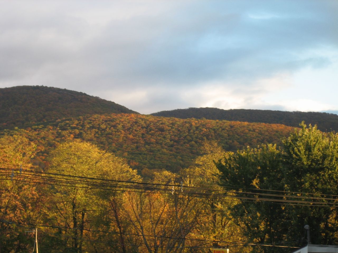 the landscape features the mountains in autumn, which are covered with trees and bushes